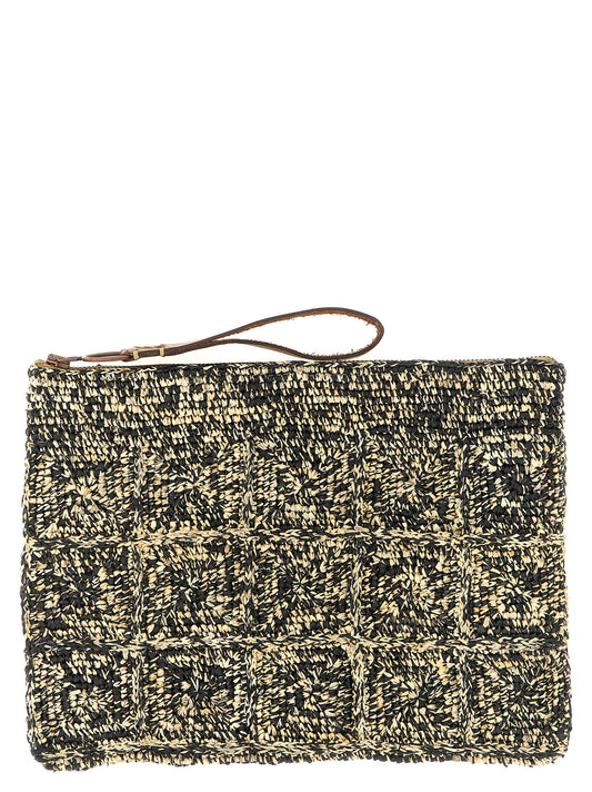 Saddle Clutch Handbag by Ibeliv for women in raffia cotton polyethylene leather bicolour, black, white & patterned showcases a sculptural silhouette, featuring a secure zipper, ample , and versatile for a sculptural aesthetic.