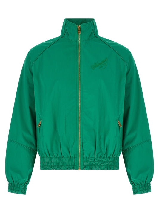 Windbreaker Jacket by WILLY CHAVARRIA for men in cotton bicolour & green features an perennial silhouette with a refined high-neck neckline and perennial windproof for a sophisticated weather-resistant look.