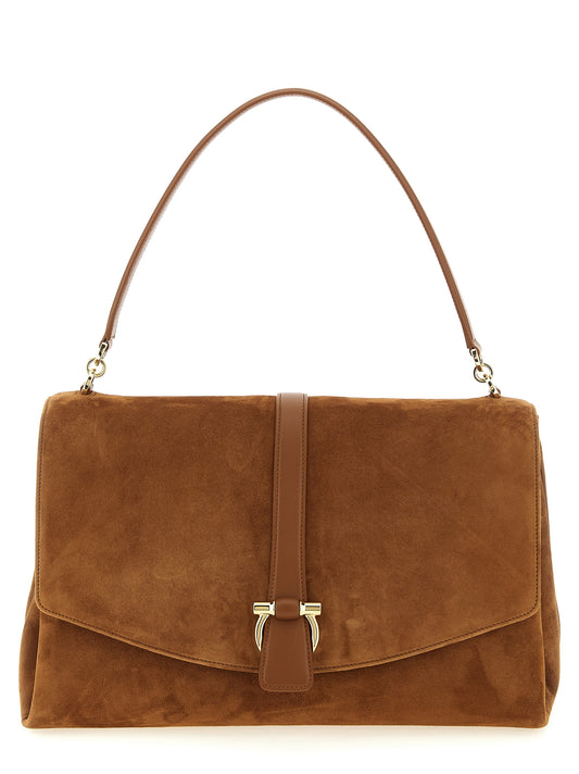 Shoulder Evening Saddle Bag by Ferragamo for women in suede leather brown & signature presents a versatile silhouette, showcasing a secure flap & magnetic and versatile with versatile shoulder-strap, handle & adjustable-strap for a sophisticated look.