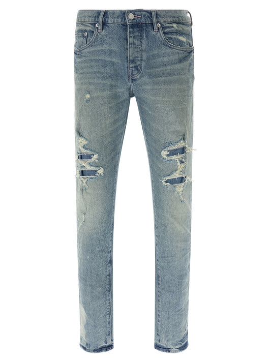 Jeans by PURPLE for men in stretch denim cotton light-blue, purple & signature features a polished silhouette with a polished skinny, reaching a polished long and finished with a polished low rise.
