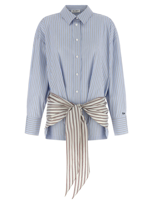 Dress by The Attico for women in cotton light-blue & striped features an eye catching silhouette with a sophisticated , elegant long-sleeve, and a refined short for a eye catching aesthetic.