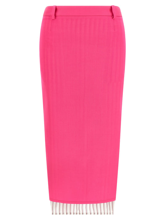 Skirt by The Attico for women in virgin wool fuchsia & striped features an relaxed-yet-refined silhouette that elegantly showcases the Women's Asymmetrical Virgin Wool Skirt design and sophisticated midi.