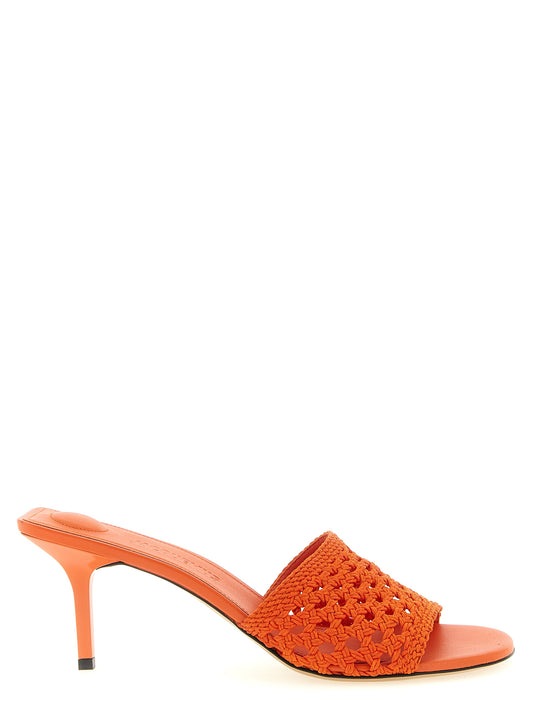 Platform Mules Sandals by Jacquemus for women in raffia polyester & lambskin leather orange features an exquisite silhouette, showcasing the exquisite Women's Raffia Polyester & Lambskin Leather Platform Mules Sandals with a platform and .