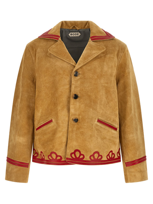 Jacket by BODE for men in bos taurus suede cowhide leather beige & horn showcases a contemporary silhouette, detailed with a contemporary lapel neckline and premium pockets for a sophisticated finish.