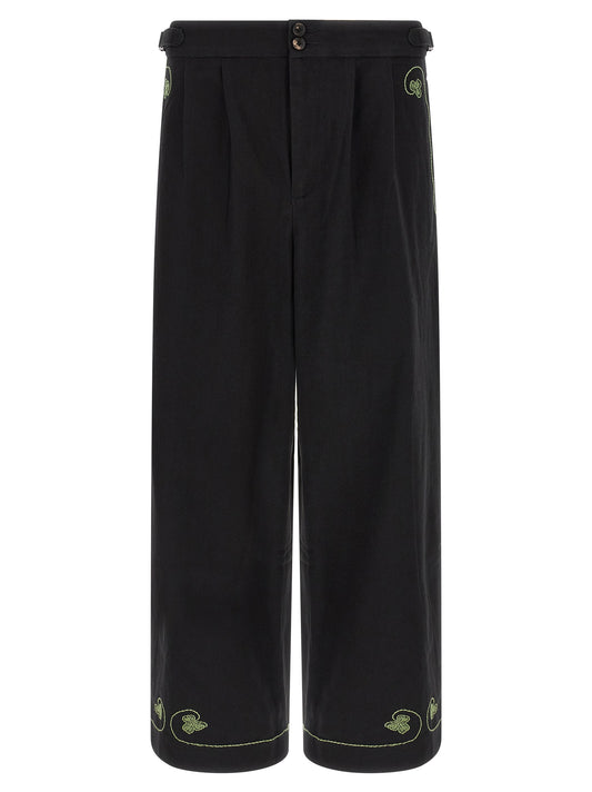 Casual Pants by BODE for men in cotton twill black presents a tailored silhouette, showcasing a tailored straight-leg, wide & cropped and cropped cut with a refined mid rise for a truly tailored aesthetic.