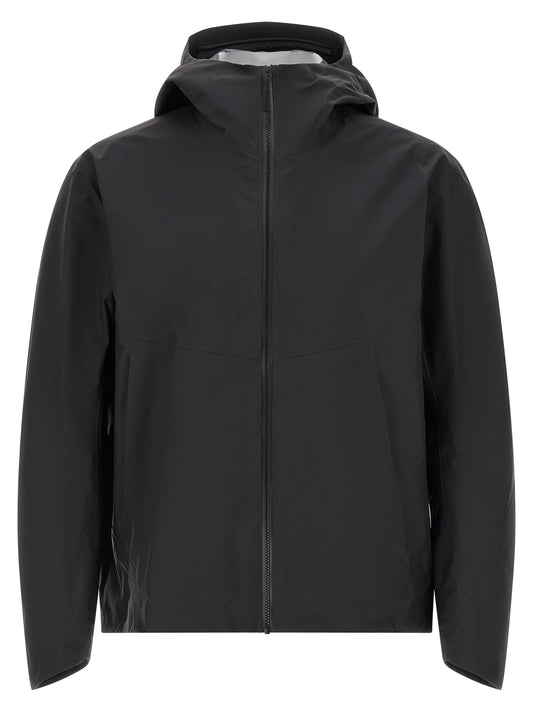 Hooded Windbreaker Jacket by Arc'teryx Veilance for men in nylon black features an enduring silhouette, showcasing technical breathable-design, water-resistant, windproof & hooded and a sophisticated hooded high-neck neckline for a truly enduring aesthetic.