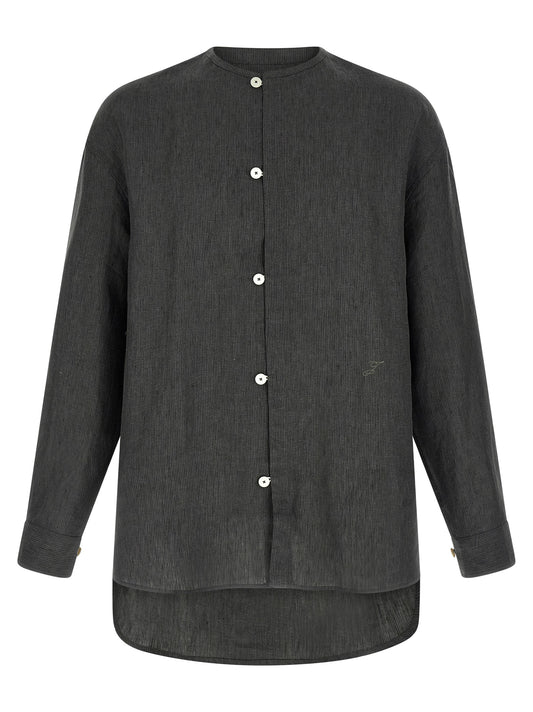 Shirt by Jacquemus for men in linen gray & striped presents a discerning silhouette, showcasing a sophisticated crew neckline and long-sleeve for a truly discerning finish.