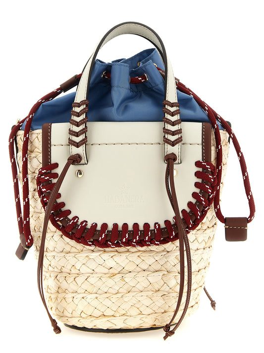 Drawstring Pouch Handbag by CUBA LAB for women in raffia & leather multicolor features an refined silhouette, showcasing a secure drawstring, ample , and versatile shoulder-strap, adjustable-strap & handle for a sophisticated refined aesthetic.