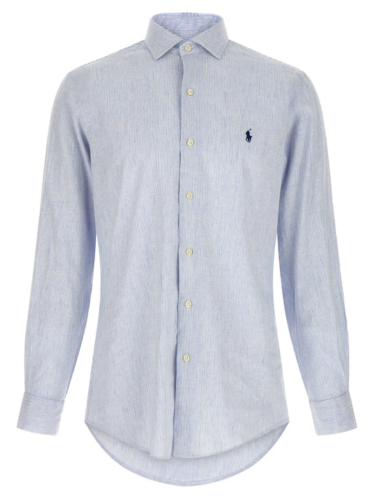 Shirt by Polo Ralph Lauren for men in stretch cotton & linen light-blue, pearl, signature & striped features an architectural silhouette with a refined and elegant for a architectural look.