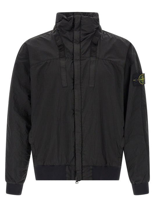 Hooded Bomber Jacket by Stone Island for men in nylon black features a dramatic silhouette, showcasing a sophisticated hooded neckline and distinctive pockets & hooded for a dramatic aesthetic.