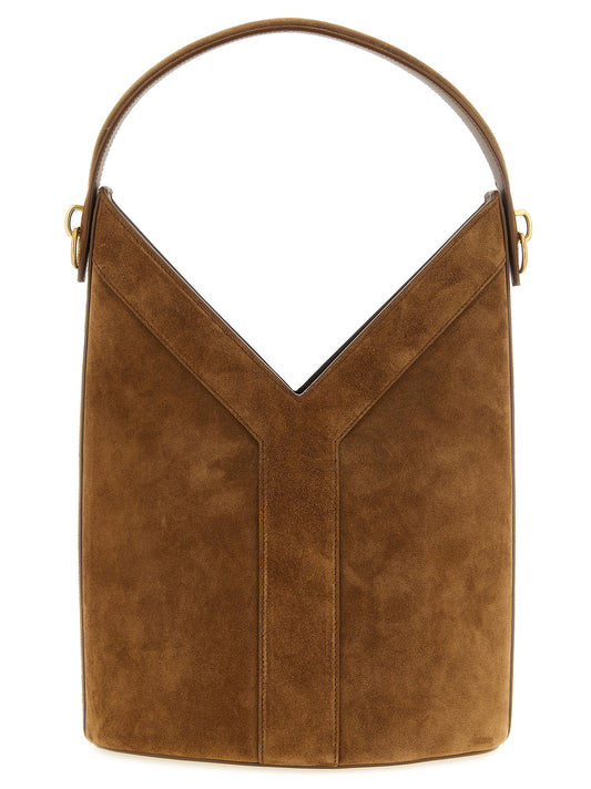 Shoulder Bucket Bag by Saint Laurent for women in bos taurus suede calfskin leather brown features a effortless chic silhouette with a secure , ample , and versatile shoulder-strap, handle & adjustable-strap for a effortless chic finish.