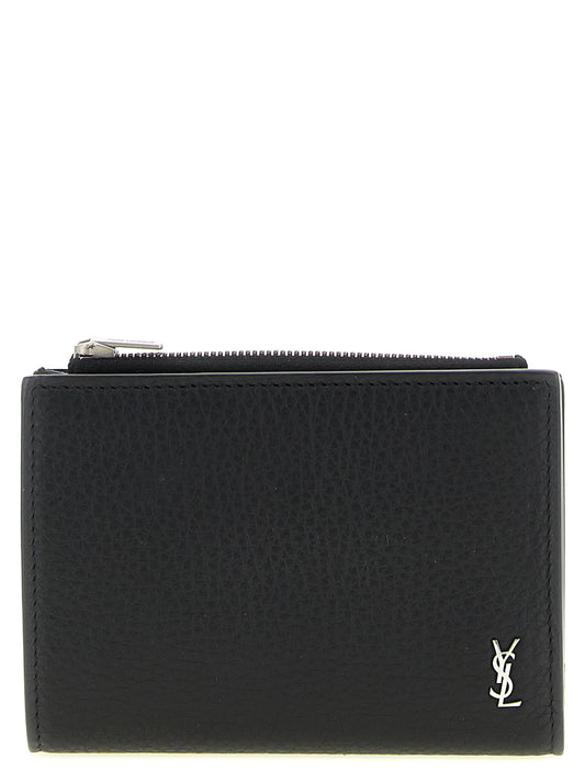 Wallet by Saint Laurent for men in calfskin leather black presents a architectural silhouette from the Cassandre Calfskin Leather Wallet collection, showcasing architectural for a architectural finish.
