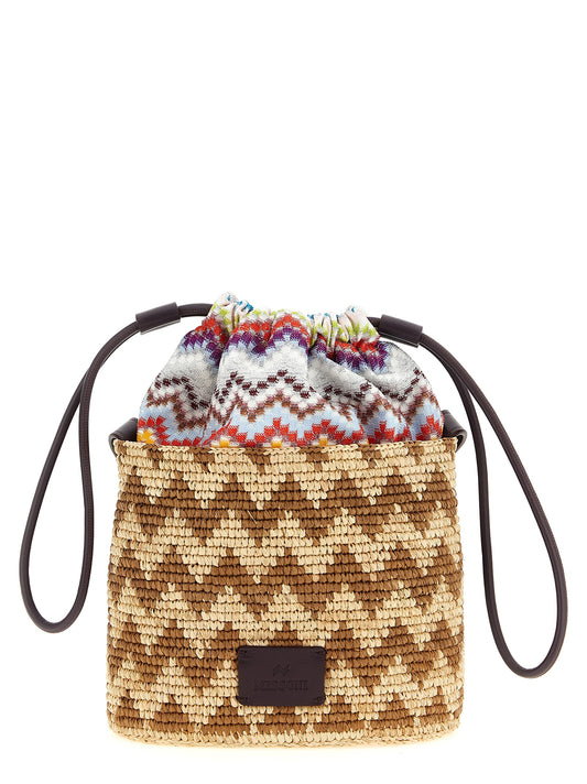 Crossbody Bucket Handbag by Missoni for women in leather cotton polyethylene multicolor & patterned features an versatile silhouette, showcasing a secure drawstring and versatile with versatile crossbody-strap, shoulder-strap, adjustable-strap & detachable-strap for a versatile finish.