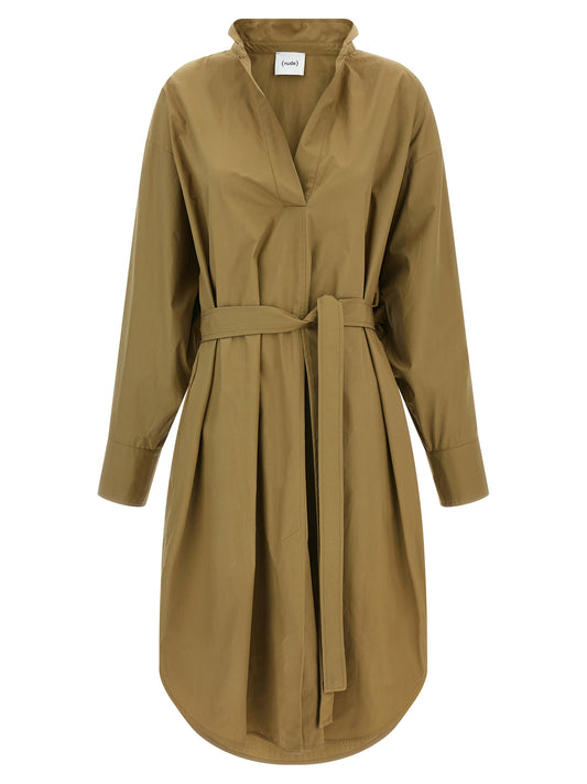 Dress by NUDE for women in cotton brown & nude presents a sinuous silhouette, showcasing a sophisticated and long-sleeve detailed with a sinuous midi for a refined finish.