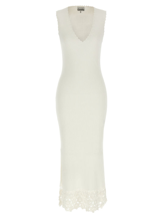 Dress by Ganni for women in organic cotton & polyamide white features a dramatic silhouette, showcasing an elegant v-neck neckline and sleeveless that flows into a dramatic long.