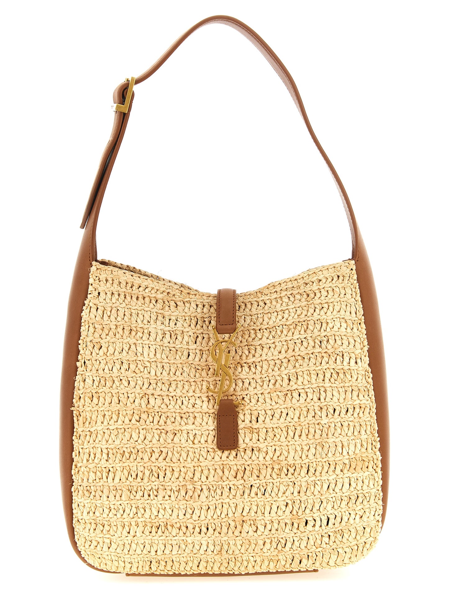 Saint Laurent Le 5 A 7 Cassandre Raffia Polyurethane Leather Small Shoulder Bag - Beige Signature