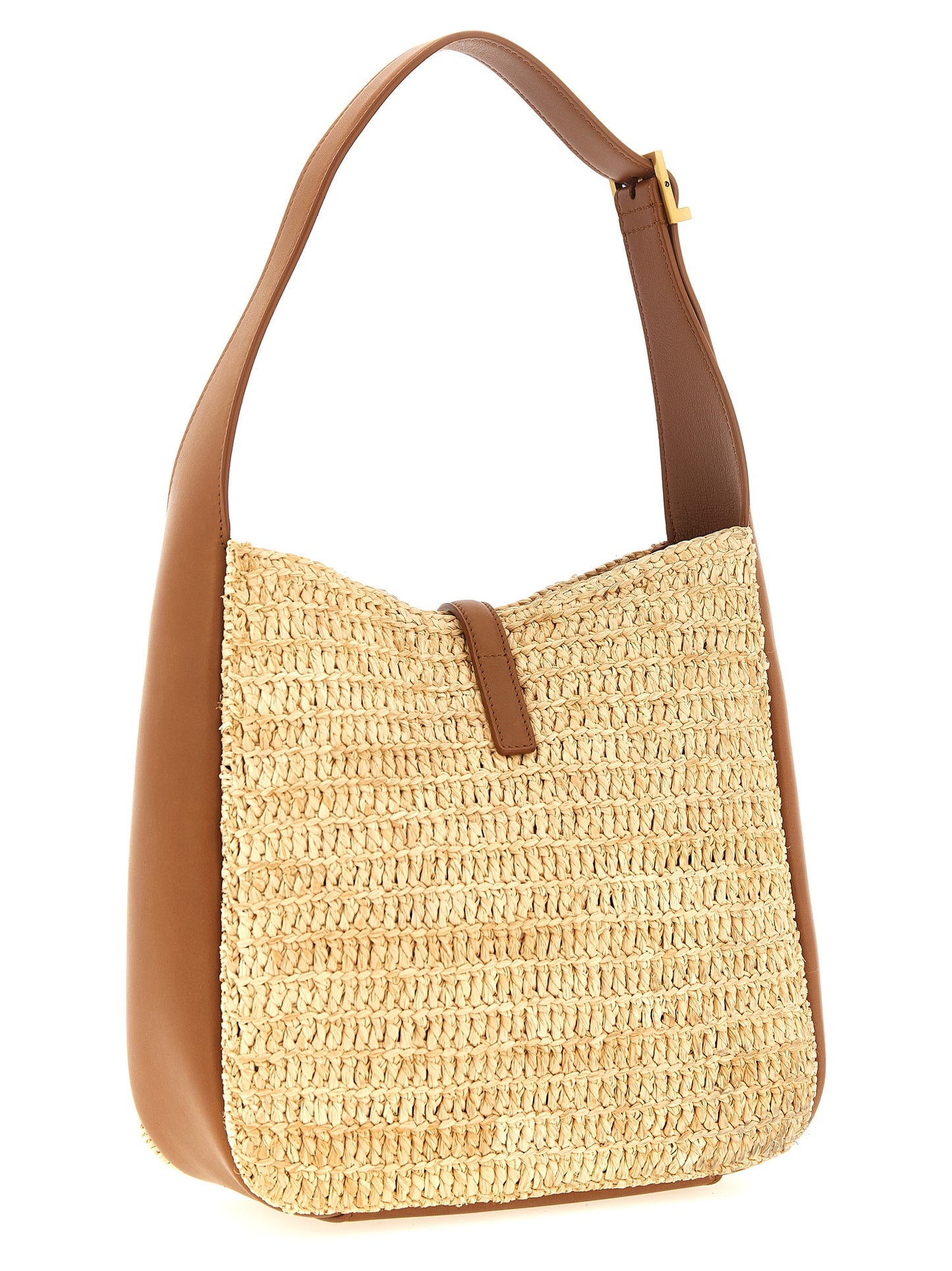 Saint Laurent Le 5 A 7 Cassandre Raffia Polyurethane Leather Small Shoulder Bag - Beige Signature