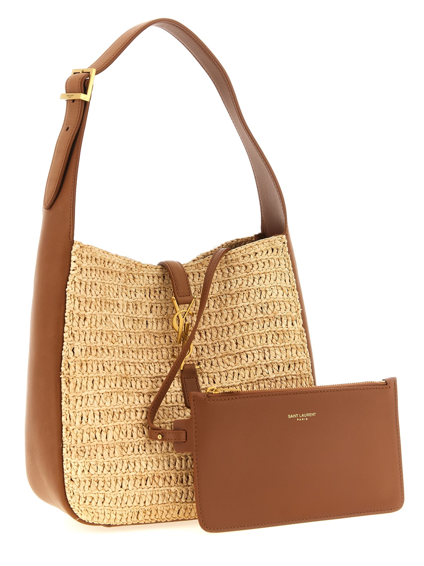 Saint Laurent Le 5 A 7 Cassandre Raffia Polyurethane Leather Small Shoulder Bag - Beige Signature