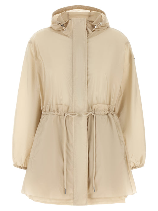 Hooded Windbreaker Jacket by Moncler for women in nylon felt beige showcases a urban chic silhouette, detailed with a urban chic hooded asymmetric neckline and functional pockets, hooded & windproof for a polished finish.