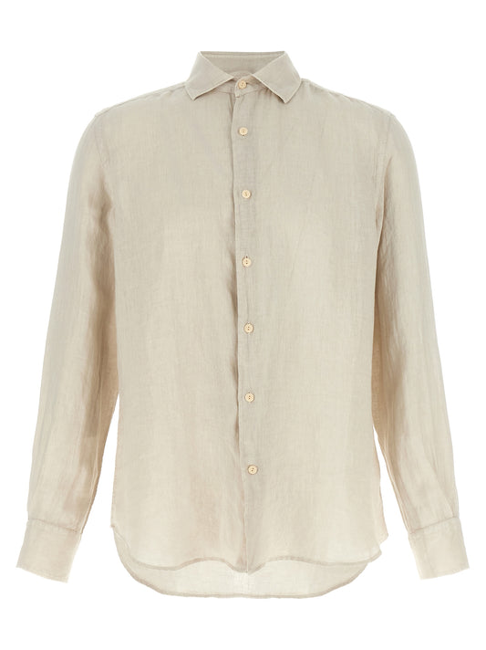 Shirt by MC2 Saint Barth for men in linen beige showcases a sharp silhouette, elegantly detailed with a sharp and sharp .