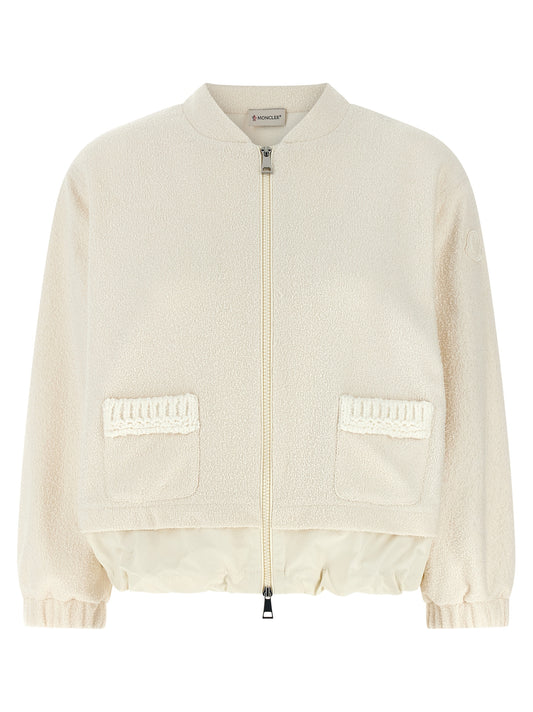 Cardigan by Moncler for women in nylon polyester & wool white features an crisp silhouette, showcasing a sophisticated high-neck neckline and long-sleeve detail for a truly crisp finish.