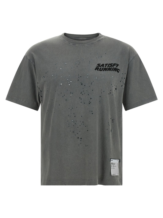 T-Shirt by SATISFY for men in organic cotton gray & print showcases a dramatic silhouette, elegantly detailed with a dramatic crew neckline and for a truly dramatic finish.