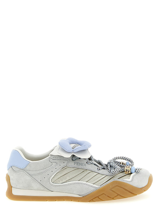 Athletic Sneakers by Fendi for women in suede calfskin leather & satin gray & patterned presents a sleek silhouette, perfectly capturing the athletic style essence of Pulse Women's Athletic Suede Calfskin Leather & Satin Sneakers with its sleek design and premium finish.