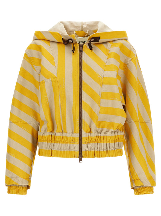 Hooded Jacket by Fendi for women in linen cotton & leather bicolour, yellow, patterned & striped features an utilitarian silhouette with a refined hooded neckline, showcasing sophisticated hooded for an utilitarian aesthetic.