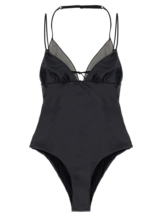One-Piece Swimsuit by ALLIS for women in stretch polyester satin black & transparent features a contemporary silhouette, showcasing the contemporary cut of this Kate Women's Stretch Polyester Satin One-Piece Swimsuit for a sophisticated, contemporary beachwear aesthetic.