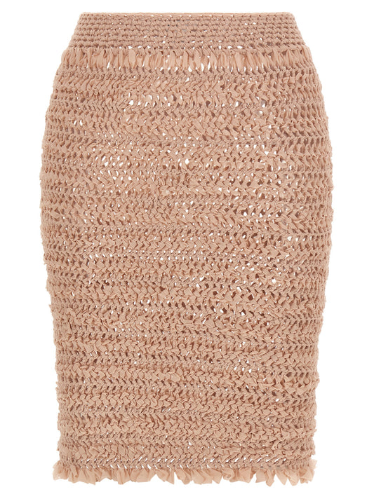 Skirt by ALLIS for women in stretch polyester multicolor, pink & transparent features a captivating silhouette, showcasing the captivating Emma Women's Stretch Polyester Skirt design with a sophisticated midi for a captivating look.