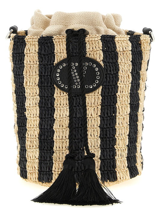 Small Shoulder Bucket Pouch Bag by Valentino Garavani for women in grained leather black, patterned, signature & striped features an effortlessly chic silhouette with a secure drawstring, ample , and versatile shoulder-strap & adjustable-strap for effortlessly chic everyday luxury.