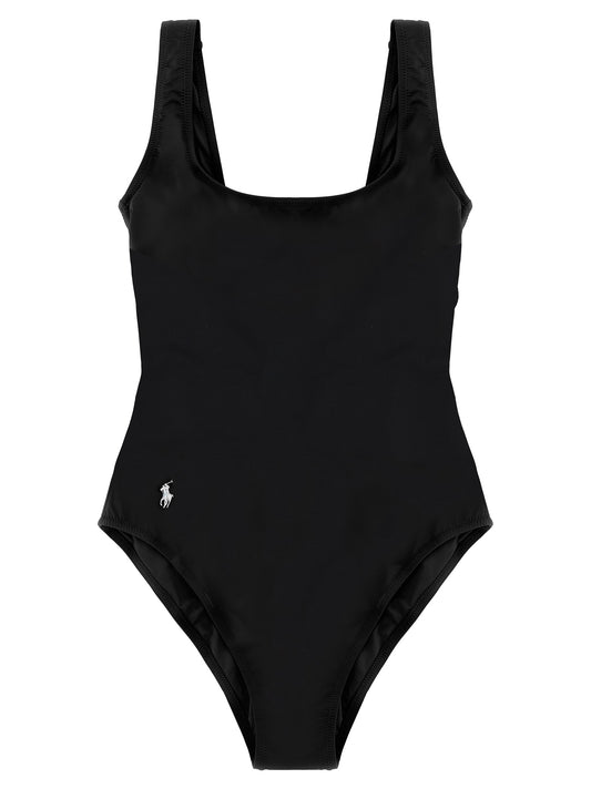 One-Piece Swimsuit by Polo Ralph Lauren for women in stretch nylon black features a ethereal silhouette, artfully capturing the essence of Pony Waves Women's Stretch Nylon One-Piece Swimsuit with its ethereal design and refined cut.