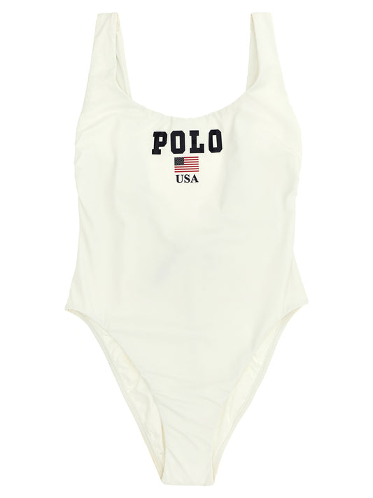 One-Piece Swimsuit by Polo Ralph Lauren for women in stretch nylon white & print features a ethereal silhouette, artfully capturing the essence of Women's Stretch Nylon One-Piece Swimsuit with its ethereal design and refined cut.