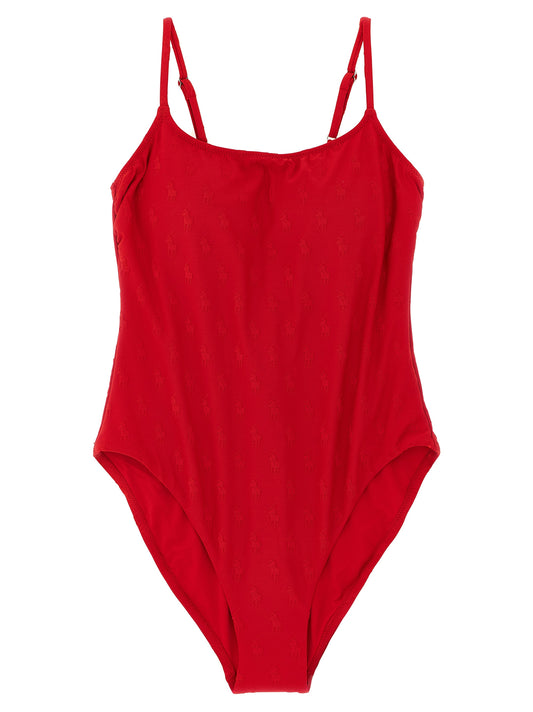 One-Piece Swimsuit by Polo Ralph Lauren for women in stretch polyester multicolor, red & jacquard showcases a captivating silhouette, artfully capturing the essence of the captivating Pony Waves Women's Stretch Polyester One-Piece Swimsuit design for a sophisticated look.