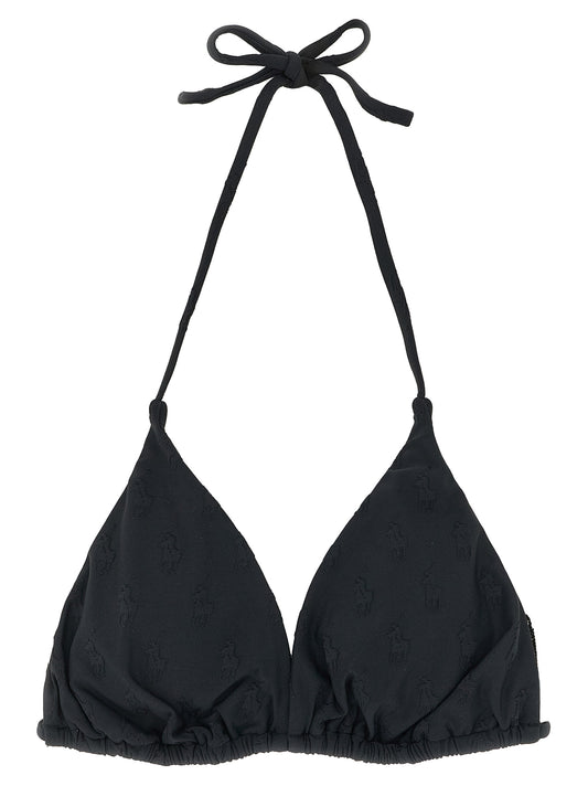 Swimwear Top by Polo Ralph Lauren for women in stretch polyester black & jacquard features a beach chic silhouette, beautifully showcasing the signature design of the Pony Women's Stretch Polyester Swimwear Top.