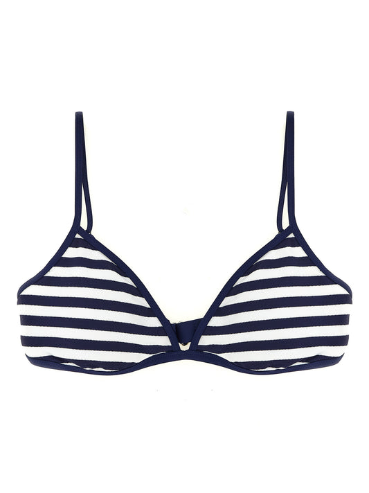 Swimwear Top by Polo Ralph Lauren for women in nylon blue & striped features a beach chic silhouette, beautifully showcasing the signature design of the Women's Nylon Swimwear Top.