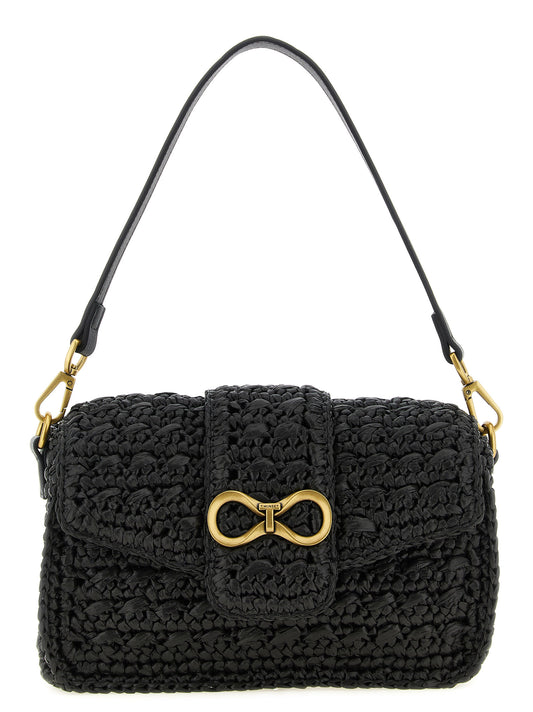 Crossbody Flap Handbag by Twinset for women in raffia cellulose & polypropylene faux leather black features a transformative elegance silhouette, showcasing a secure flap & magnetic, organized , and versatile crossbody-strap, shoulder-strap, detachable-strap & handle for a transformative elegance look.