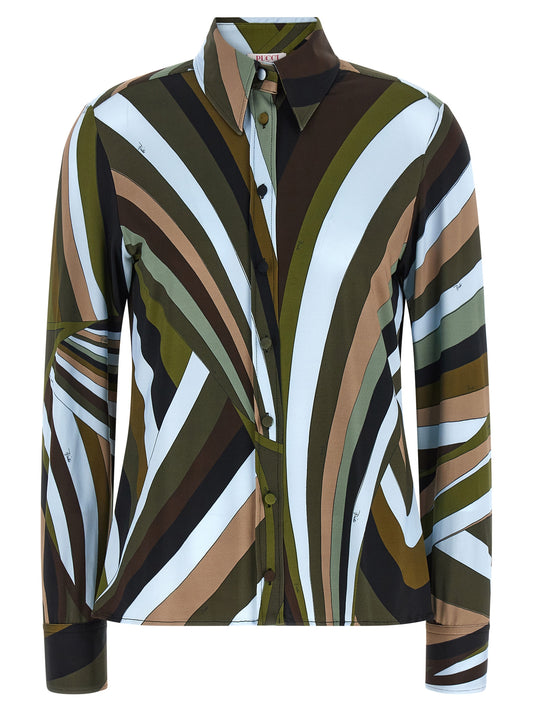 Blouse by Emilio Pucci for women in stretch viscose multicolor & print features an architectural silhouette with a refined and elegant for a architectural look.