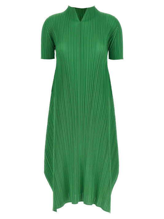 PLEATS PLEASE ISSEY MIYAKE Women's Short-Sleeve V Neck Polyester Dress - Bicolour Green