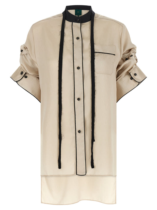 Blouse by MAISON JEJIA for women in silk polyester satin beige showcases a sleek silhouette, elegantly detailed with a sleek mandarin neckline and three-quarter-sleeve for a sleek finish.