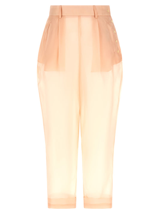 Trousers by MAISON JEJIA for women in silk multicolor, pearl, pink & transparent presents a perennial silhouette, meticulously tailored with a cut, long finish, and an elegant high rise.