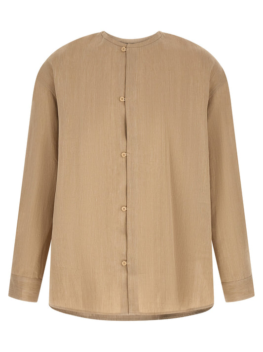 Shirt by Jacquemus for men in linen polyamide & viscose beige, horn, patterned & chevron showcases a sublime silhouette, artfully detailed with a sublime crew neckline and long-sleeve for a sophisticated, sublime finish.