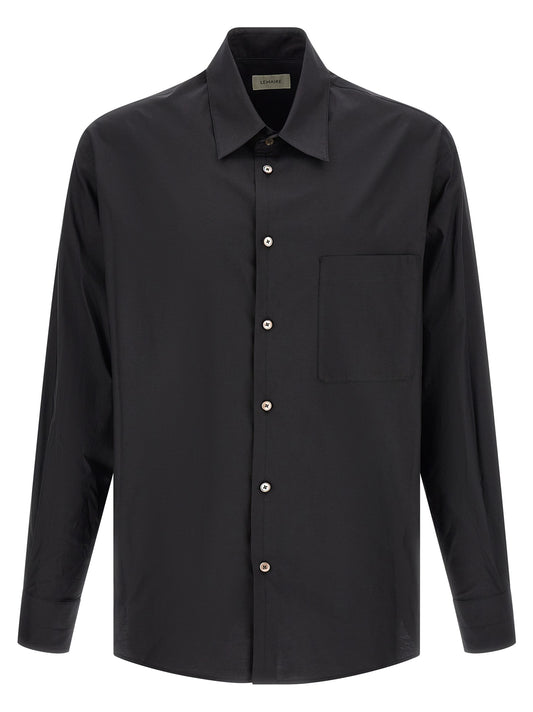 Shirt by Lemaire for men in cotton & silk black & pearl features an architectural silhouette with a refined long-sleeve and elegant for a architectural look.