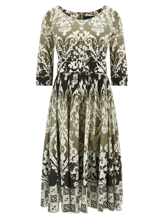 Dress by SAMANTHA SUNG for women in stretch cotton multicolor & print showcases a striking silhouette, elegantly detailed with a three-quarter-sleeve, refined round neckline, and a striking midi for a striking finish.