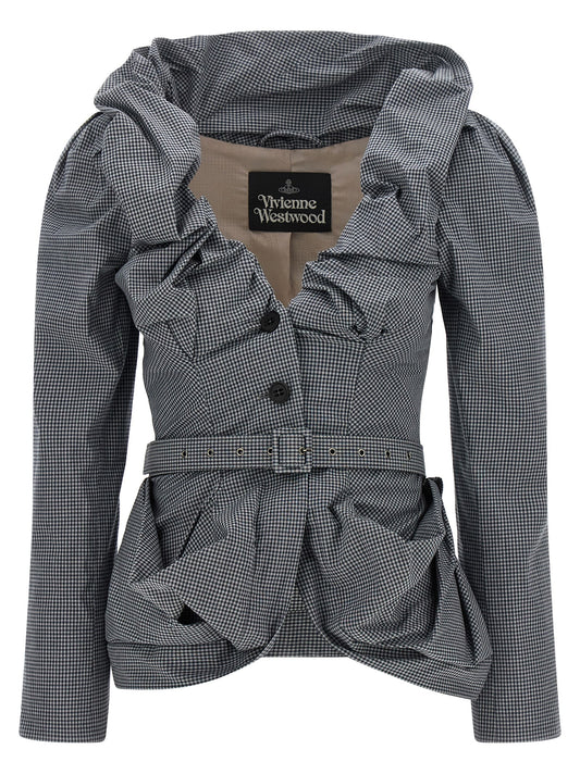 Blazer by Vivienne Westwood for women in stretch viscose cotton gray, patterned & monogram showcases a discerning silhouette, elegantly detailed with a sophisticated shawl-collar neckline and premium for a truly discerning finish.