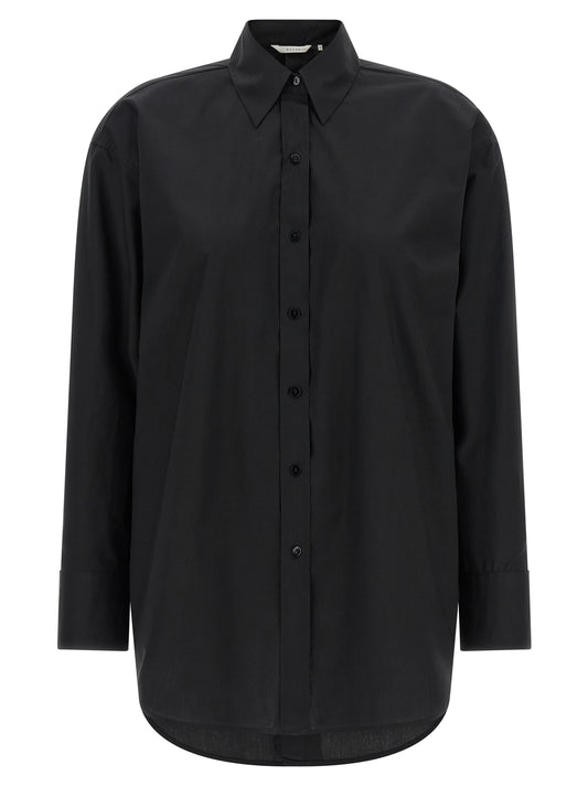 Blouse by XACUS for women in cotton black showcases a sharp silhouette, elegantly detailed with a sharp and sharp long-sleeve.