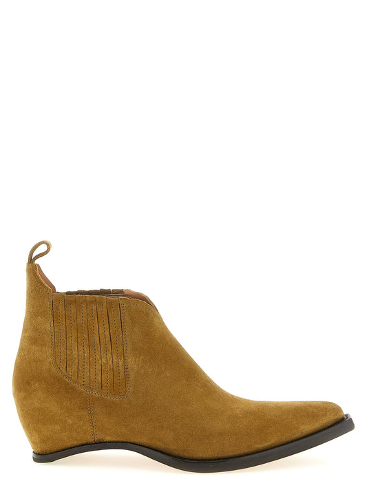 Wedge Ankle Chelsea Cowboy Boots by Maison Margiela for men in bos taurus suede leather brown & signature features an effortless chic silhouette from the Aren Men's Bos Taurus Suede Leather Wedge Ankle Chelsea Cowboy Boots collection, showcasing a effortless chic wedge and refined for an effortless chic look.