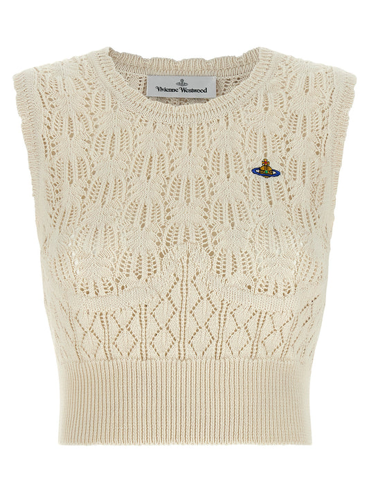 T-Shirt by Vivienne Westwood for women in organic cotton beige & patterned showcases a chic silhouette, artfully detailed with a chic crew neckline and sleeveless for a chic finish.