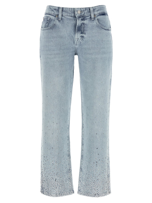 Jeans by 7 For All Mankind for women in stretch denim cotton & crystal light-blue presents a refined pantology silhouette, artfully defined by a refined pantology straight-leg, long, and a sophisticated low rise.