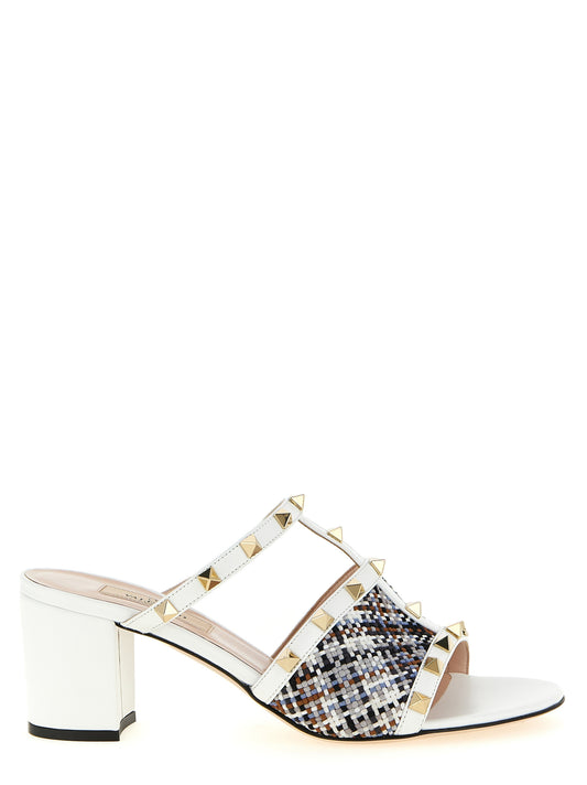 Platform Slider Sandals by Valentino Garavani for women in polyester cotton raffia & calf leather multicolor & white features an statuesque Rockstud Women's Polyester Cotton Raffia & Calf Leather Platform Slider Sandals silhouette with a refined platform and elegant .